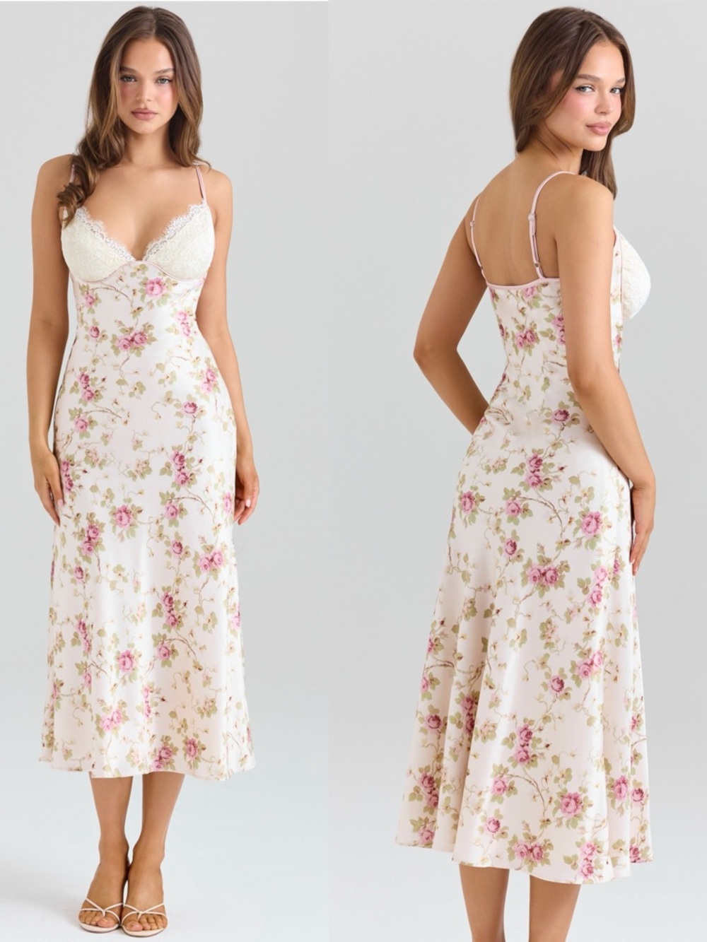 House of CB FELICITY Ivory Floral Print Satin Bias Cut Midi Dress Size XS D-DD‎